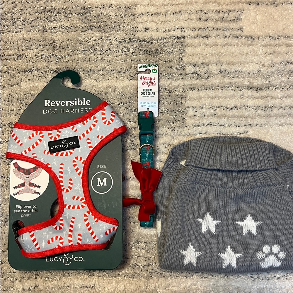 Lucy & co dog harness reversible pattern medium, plus dog sweater and collar